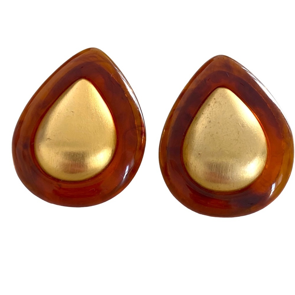 Vintage Givenchy Tortoise Gold Tone Clip On earrings Drop shape Large Lucite